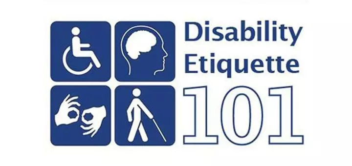 4 disability related icons next to disability etiquette 101