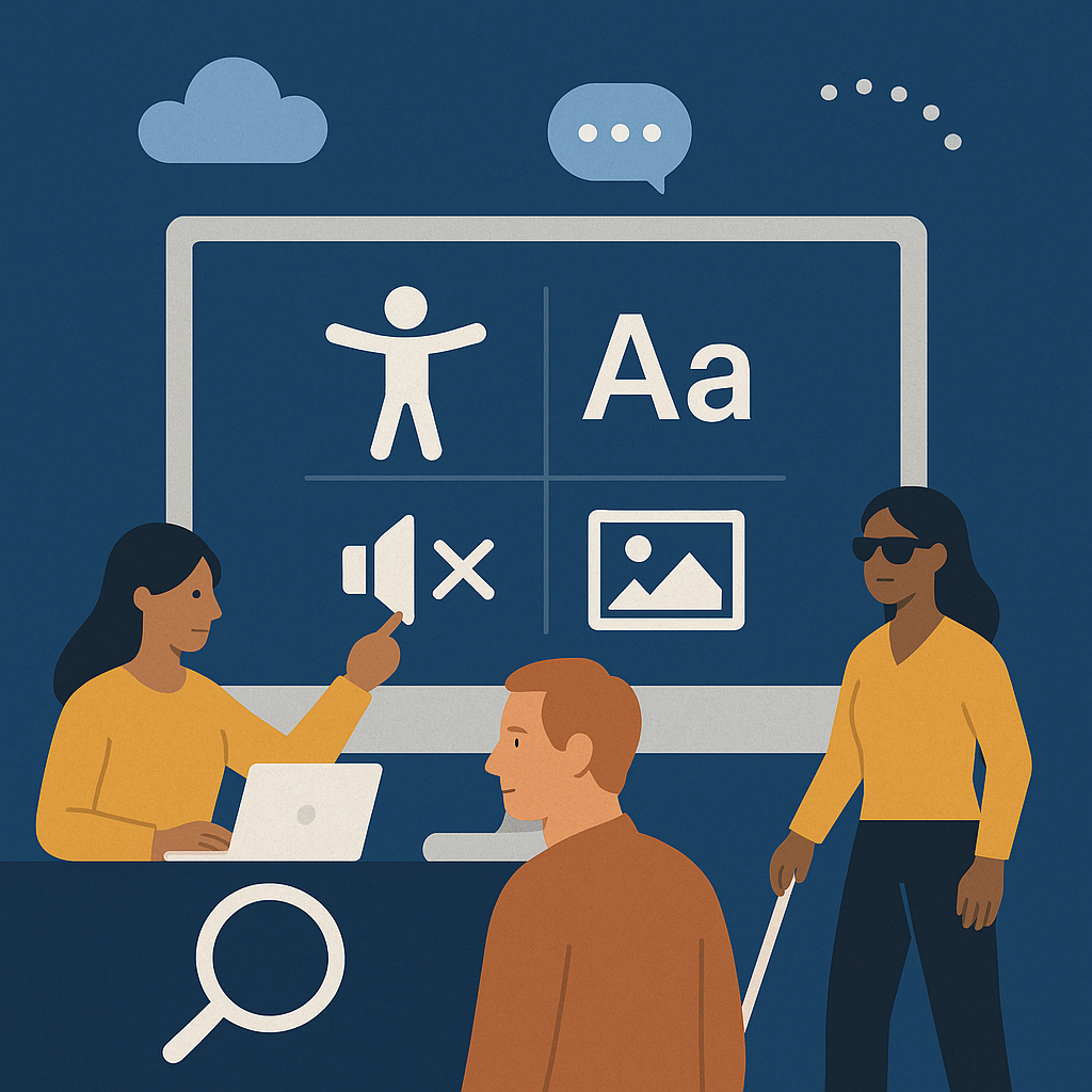 Diverse people interact with a large screen displaying icons for text, audio, images, and universal access, symbolizing digital accessibility.