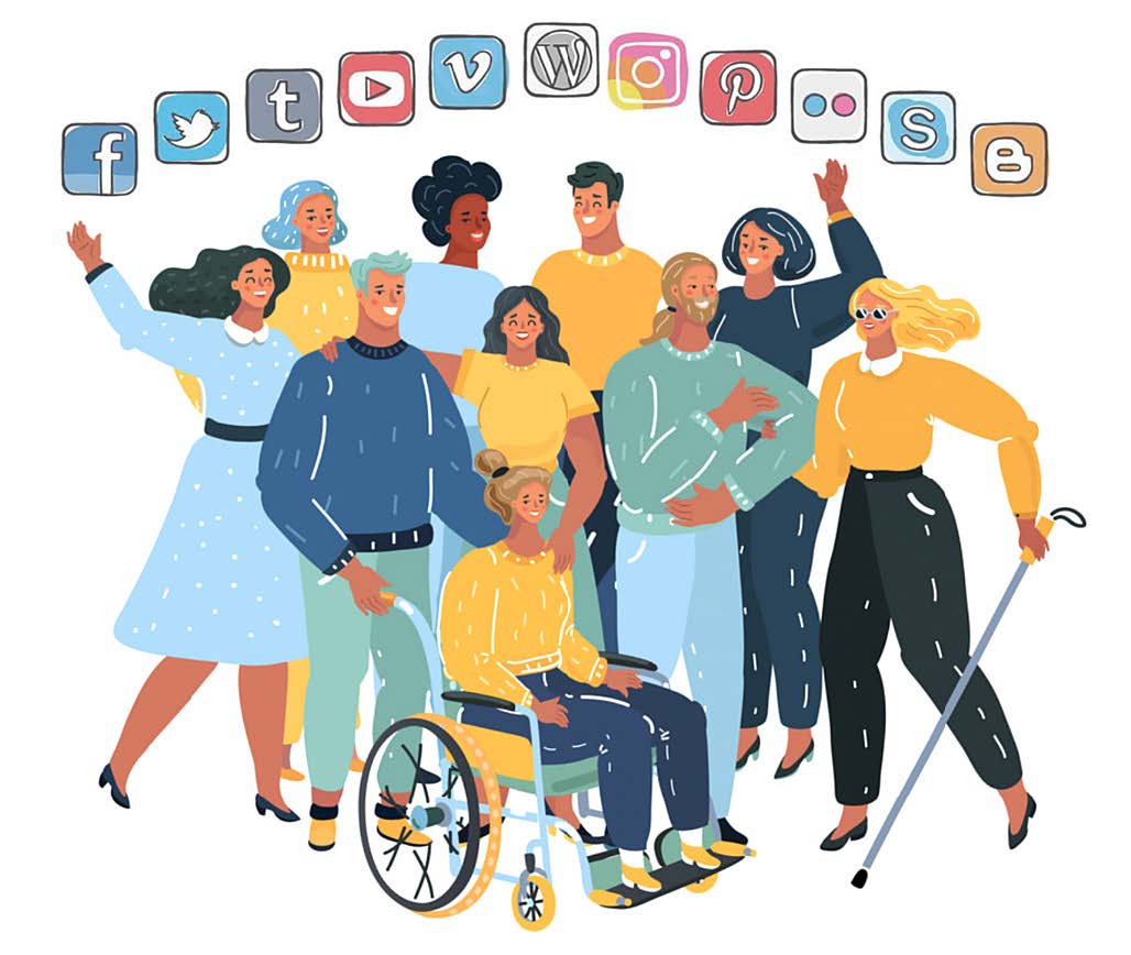 a group of disabled individuals with different social media logos floating above them