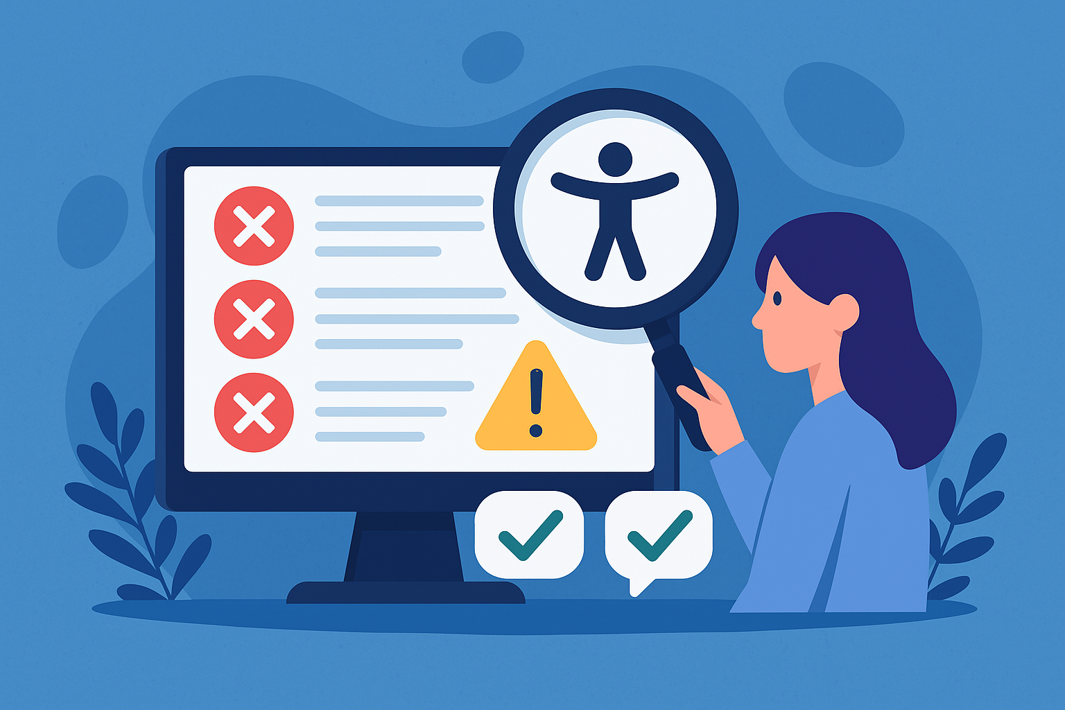 Woman in front of computer will testing software open showing errors