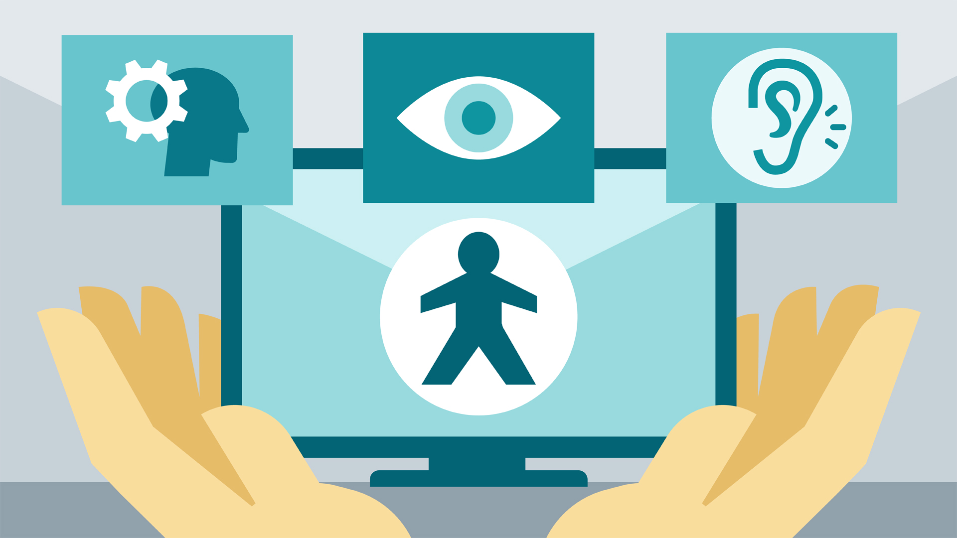 Graphic of hands reaching up to highlight various digital accessibility tools.