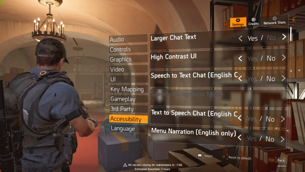 Accessibility menu in The Division 2
