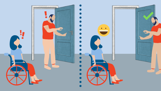 Graphic of how to hold a door open for a wheelchair user