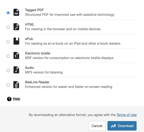 Ally Alternate Formats:  Tagged PDF, HTML, ePub, Electronic braille, Audio, BeeLine Reader