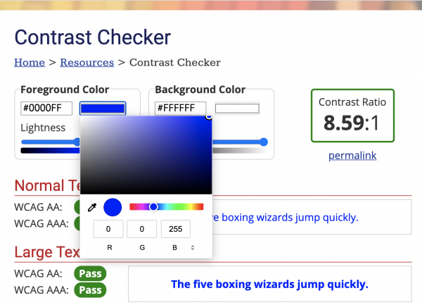 screenshot of the WebAIM contrast checker, with an RGB selection pane open.