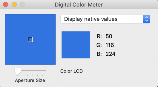 Digital Color meter in RGB mode, with R: 50, B: 116, and G: 224. The blue color is shown in a square to the left.