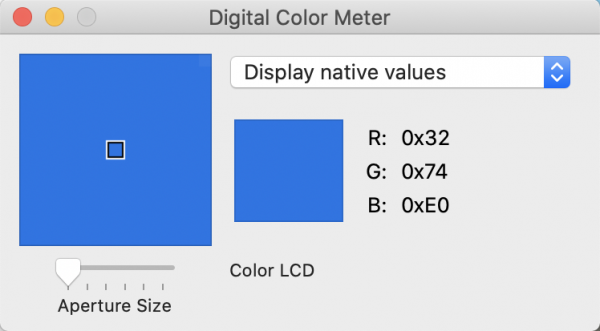 Digital Color meter in hex mode, with R: 0x32, B: 0x74, and G: 0xE0. The blue color is shown in a square to the left.