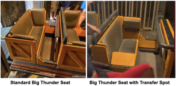 Left:  Big Thunder Mountain Standard Seat. Right:  Big Thunder Mountain Seat with Transfer Spot for Wheelchairs