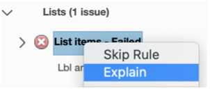 the side panel of the "Accessibility Checker" in Adobe Acrobat, with the "List Items - Failed" error highlighted. The dropdown menu below it has the options "Skip rule" and "Explain" showing, with the "Explain" option highlighted in blue.
