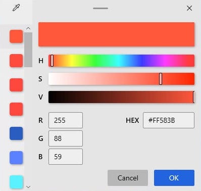 Windows color picker. Shows RGB values to the left, and color spectrum and hex code to the right.