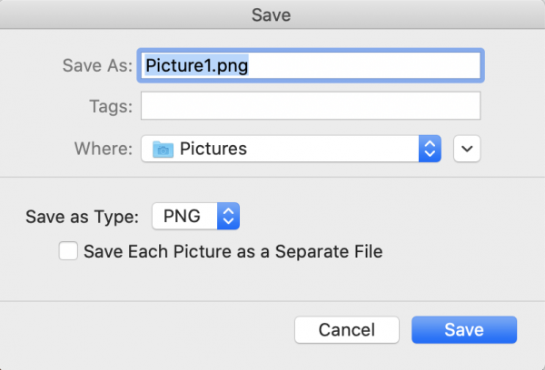 save menu for image. The options read "Save As: Picture1.png", "Where: Pictures", and "Save as Type: PNG". The option to save each picture as a separate file is not selected.