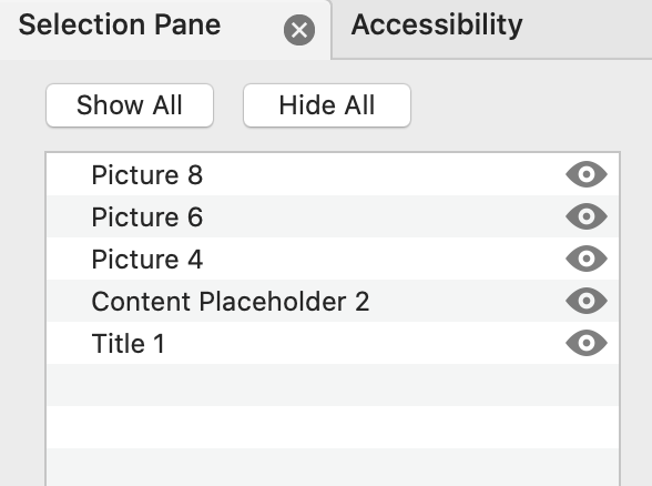 selection pane in Microsoft powerpoint, with the "Title 1" element at the bottom (which means it will be read first), and subsequent text elements and pictures listed from bottom to top in the selection pane.