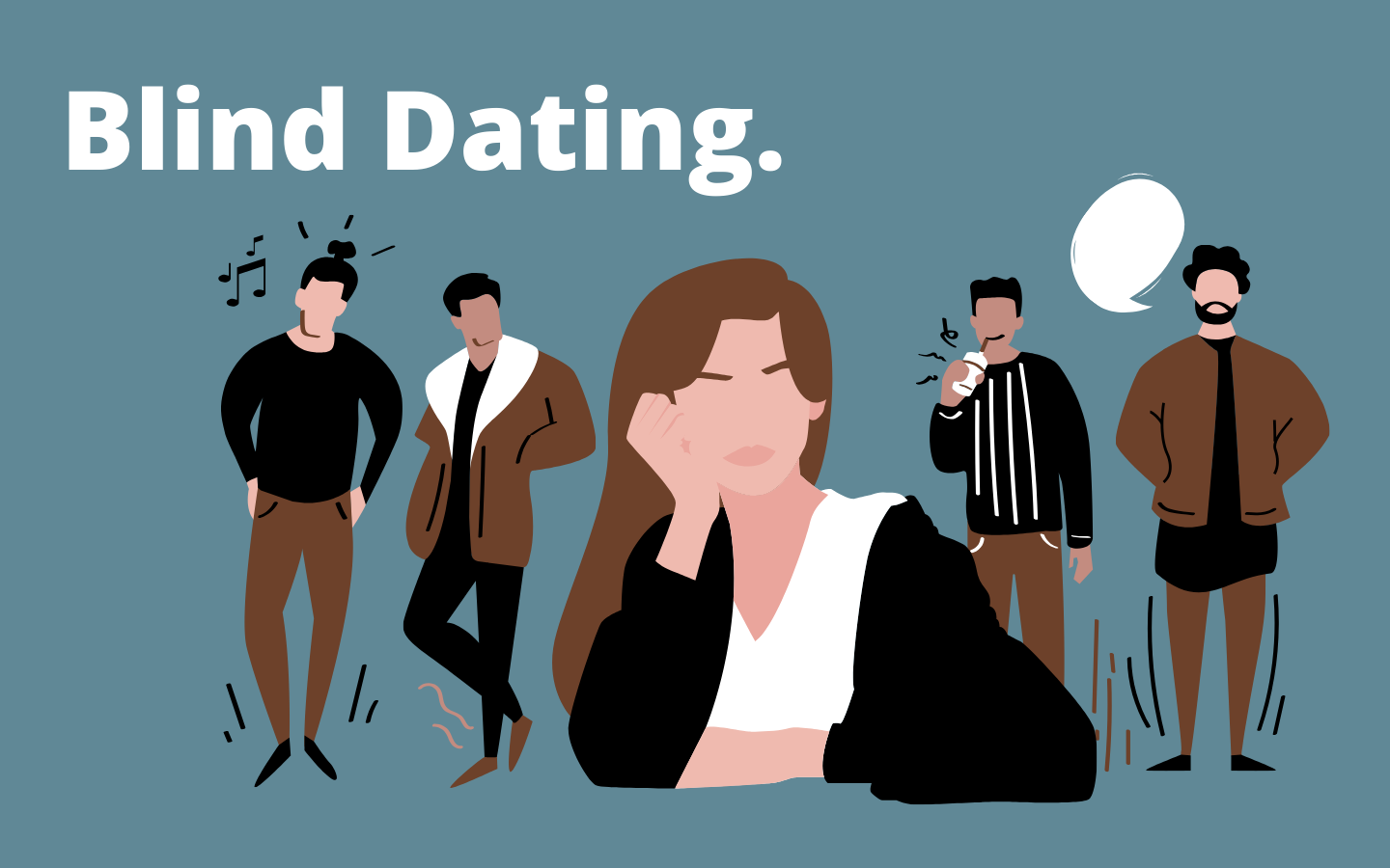 Text:  Blind Dating  Graphic:  silhouettes of people, woman in center thinking