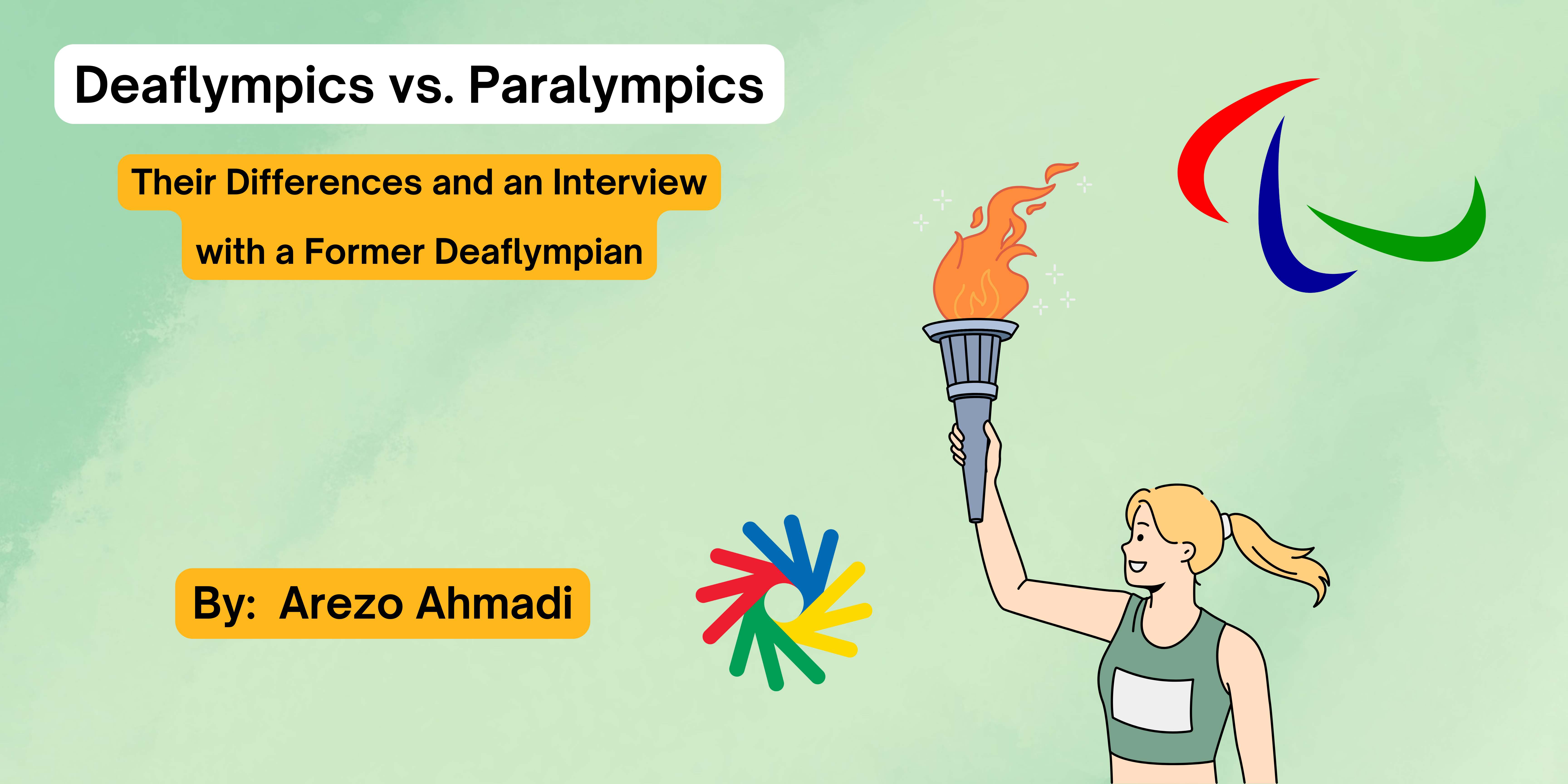 Title banner reading Deaflympics vs. Paralympics:  Their Differences and an Interview with a Former Deaflympian By: Arezo Ahmadi featuring both the Deaflympic and Paralympic logos along with a caricature of a woman holding a torch.