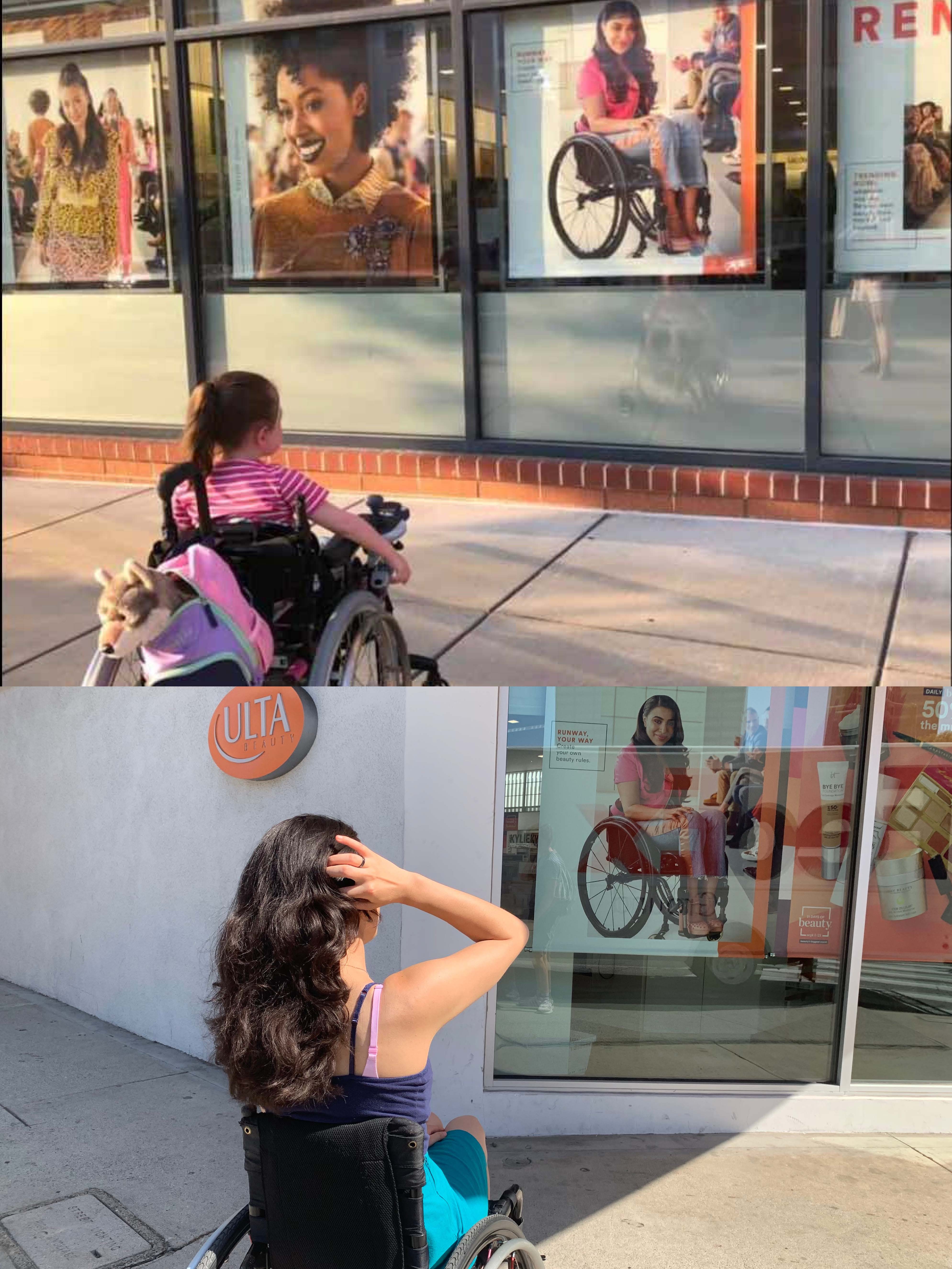 A young girl in a wheelchair looks at a poster of a model, also in a wheelchair.  Below, Carolanne Link looks at the same poster